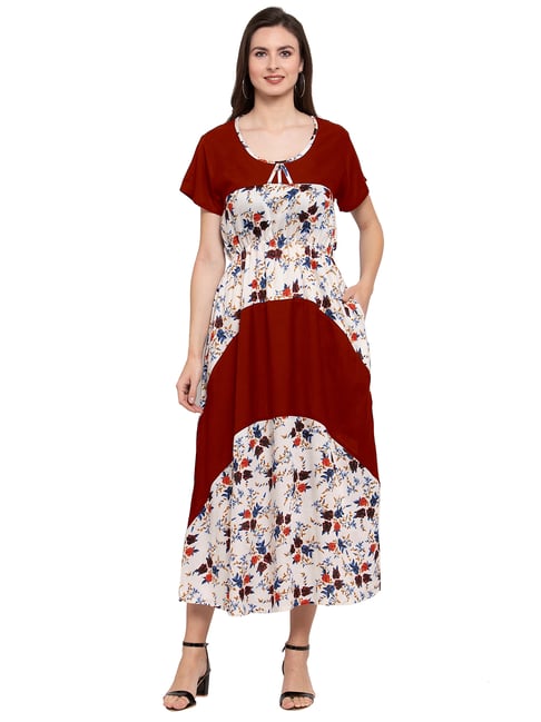 PATRORNA Maroon & Cream Floral Print Tulip Midi Dress