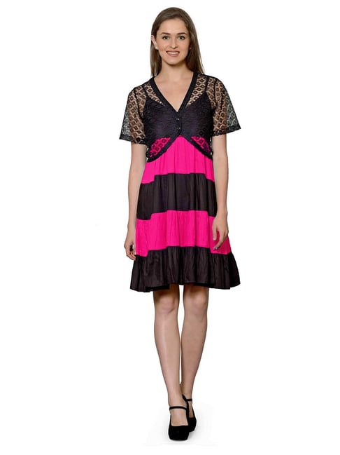 StyleStone Pink & Black Color-Block Bodycon Dress