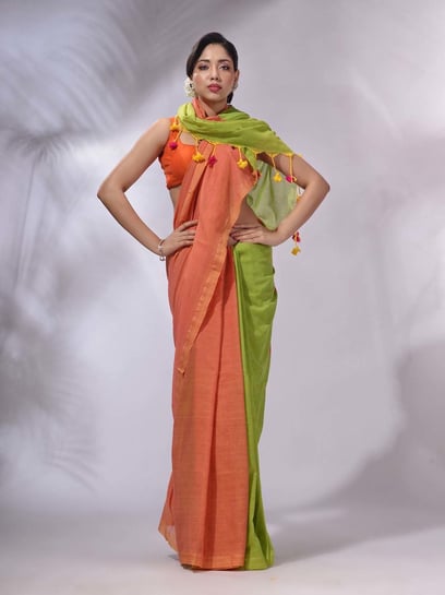 Handloom Banarasi Silk Saree ORANGE With GREEN Blouse.