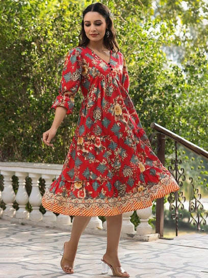 Red threaded cotton frock with Peter Pan collar and hacoba band MBS-R2 –  MyBudgetStore.in