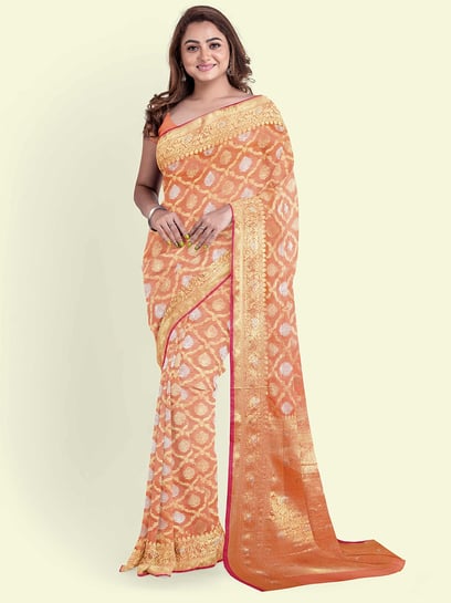 Kimora Tan Peach And Green Banarasi Saree With Designer Blouse – Kimora  Fashion Pvt Ltd