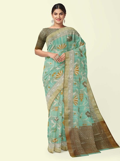 Banarasi Silk Works Sea Green Silk Woven Saree With Unstitched Blouse