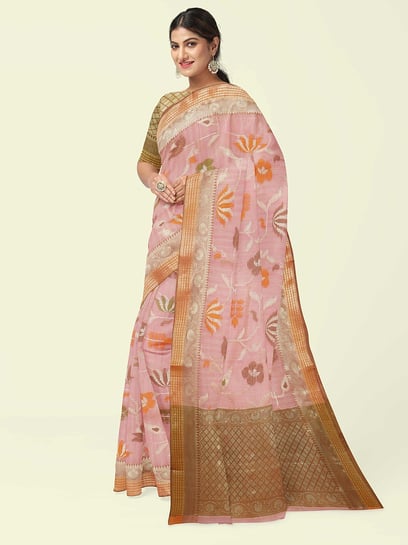 Banarasi Silk Works Pink Silk Woven Saree With Unstitched Blouse