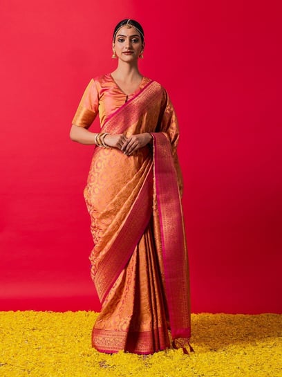 Saffron Yellow Woven Banarasi Designer Silk Saree With Embroidered Blo –  MySilkLove