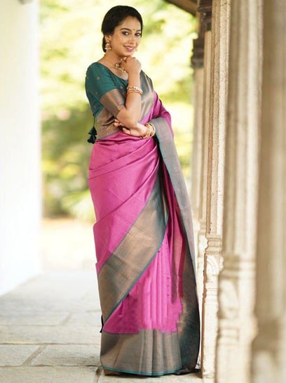 Rani Pink Color Woven Saree