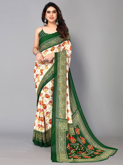 Buy Outstanding White & Green Digital Printed Silk Wedding Wear Saree From  Ethnic Plus