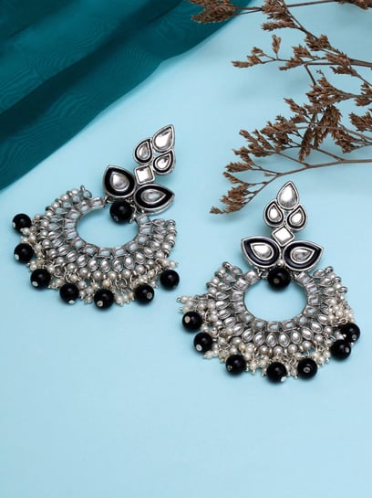 92.5 Sterling Silver Earrings Bahubali Four Layered Black Onyx Beads Jhumki  Earring