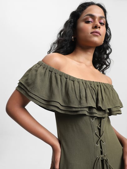 westside olive green dress Buy Nuon Olive Textured Lace-Up A-Line Dress from Westside  Westside Global