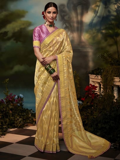 Party Wear Golden Plain Satin Silk Saree With Unstitched Designer Blouse at  Best Price in Surat | Vishal Silk Mills