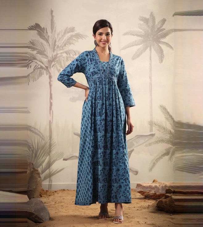 Buy Scakhi Indigo Cotton Printed Panelled Ethnic Dress for Women Online   Tata CLiQ Luxury