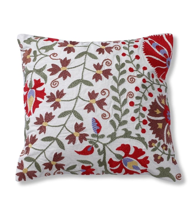 Sarita Handa Natural Multi Flora Suzani Cotton Cushion Cover