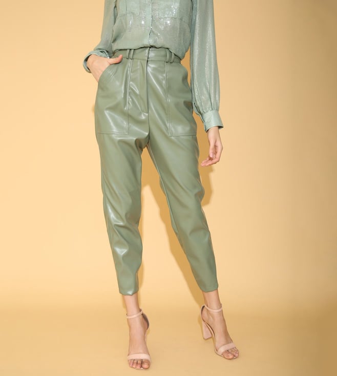 Twenty Dresses by Nykaa Fashion Trousers and Pants  Buy Twenty Dresses by  Nykaa Fashion Olive Green Straight Fit Faux Leather Pants Online  Nykaa  Fashion