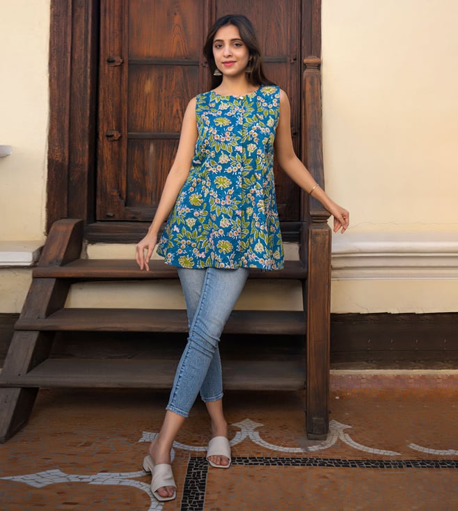 Jaipur Block Printed Begonia Sleeveless Pure Cotton Short Kurti –  kottonglitters