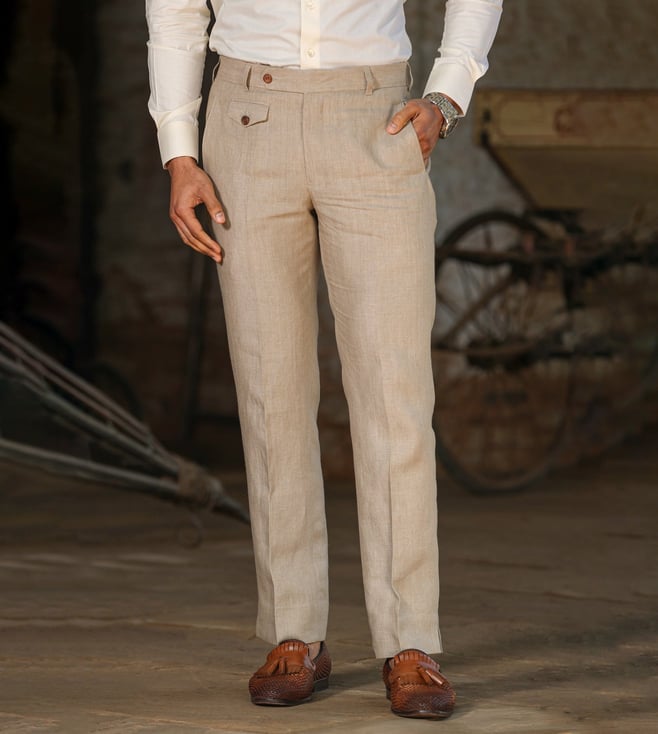 Men's Retro Linen Straight Suit Pants Casual High Waist Trousers Office Work