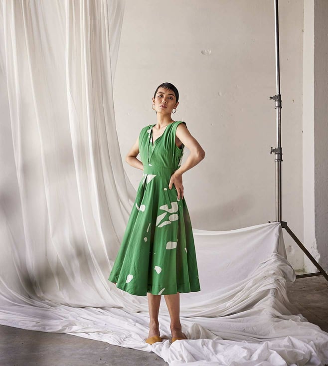 Kharakapas Forest Green Chirping Birds Dress
