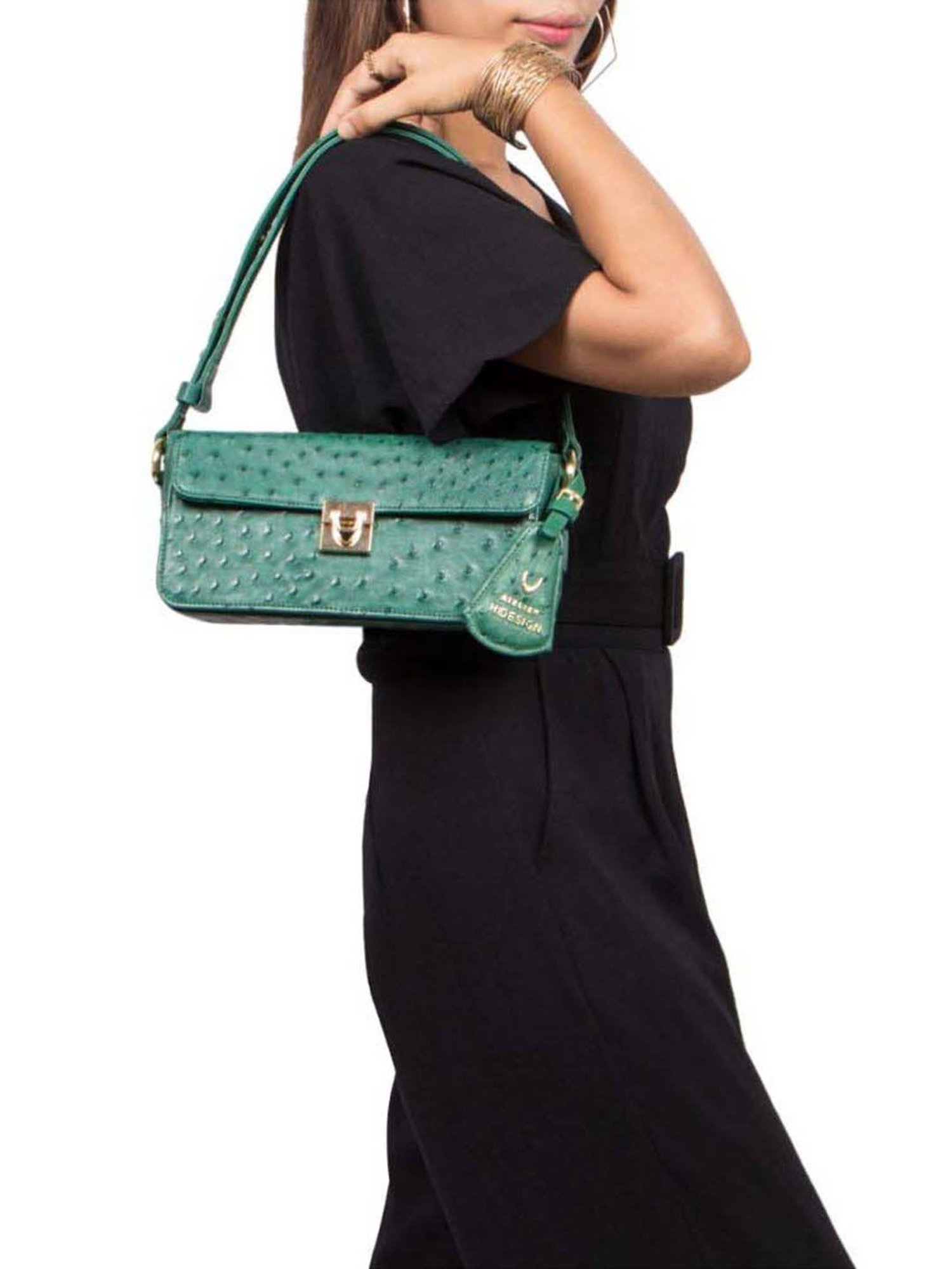 Hidesign Green Textured Leather Structured Shoulder Bag Price in India,  Full Specifications & Offers