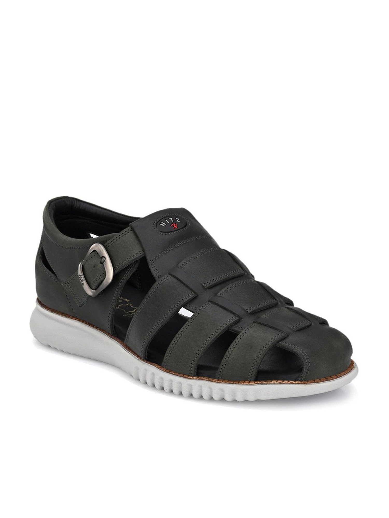 Men Black Buckle Criss Cross Strap Leather Sandals