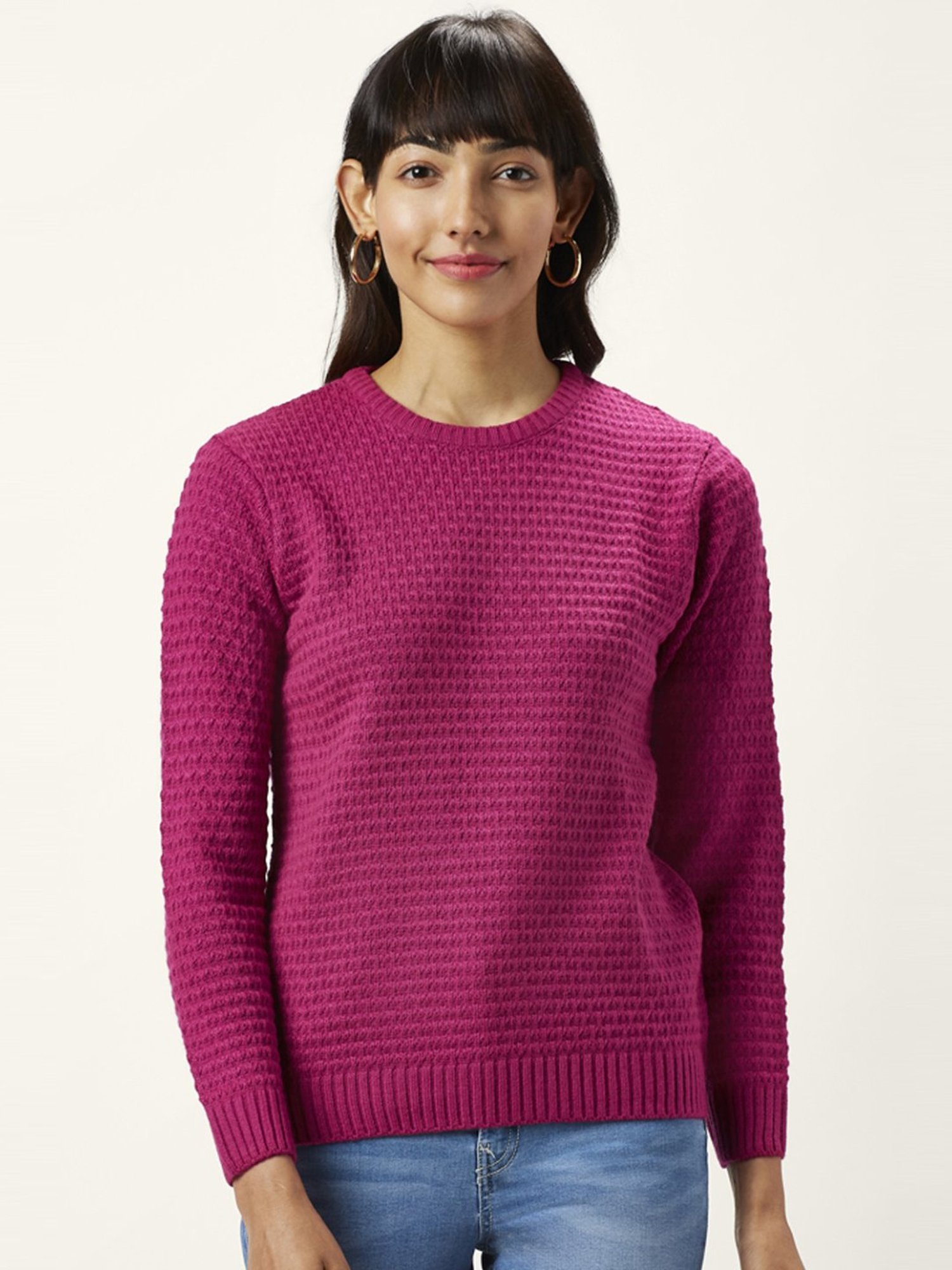 Honey by Pantaloons Pink & White Self Pattern Sweater