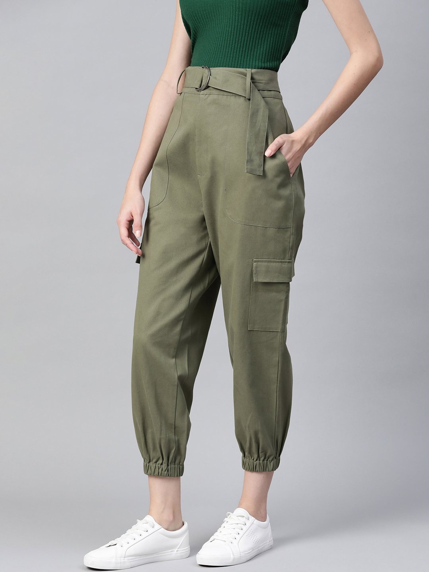 Buy Popnetic Green Regular Fit High Rise Cargo Joggers for Women's