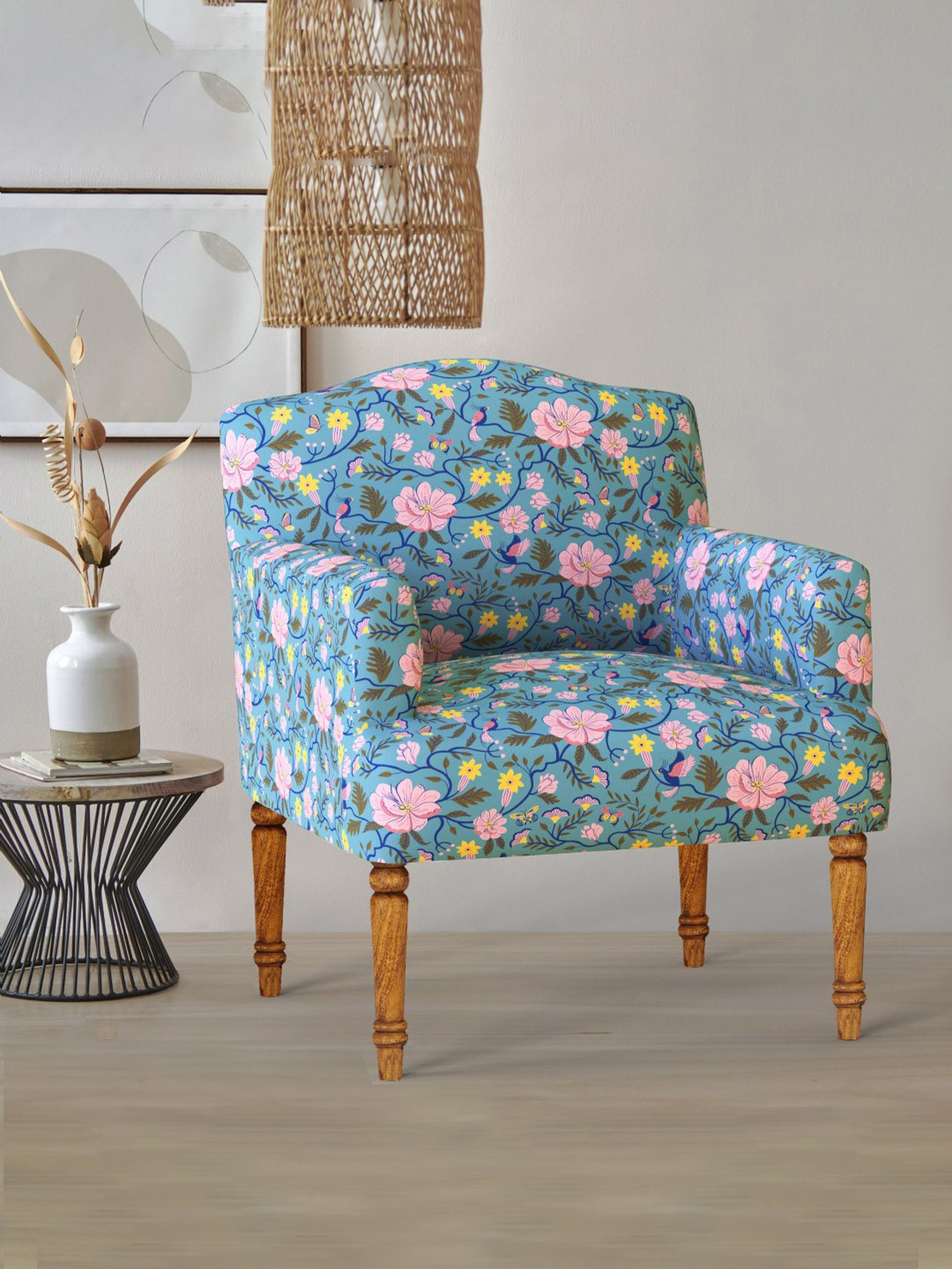 Buy Chumbak Nawaab Spring Bloom Floral Blue Wood Arm Chair at Best