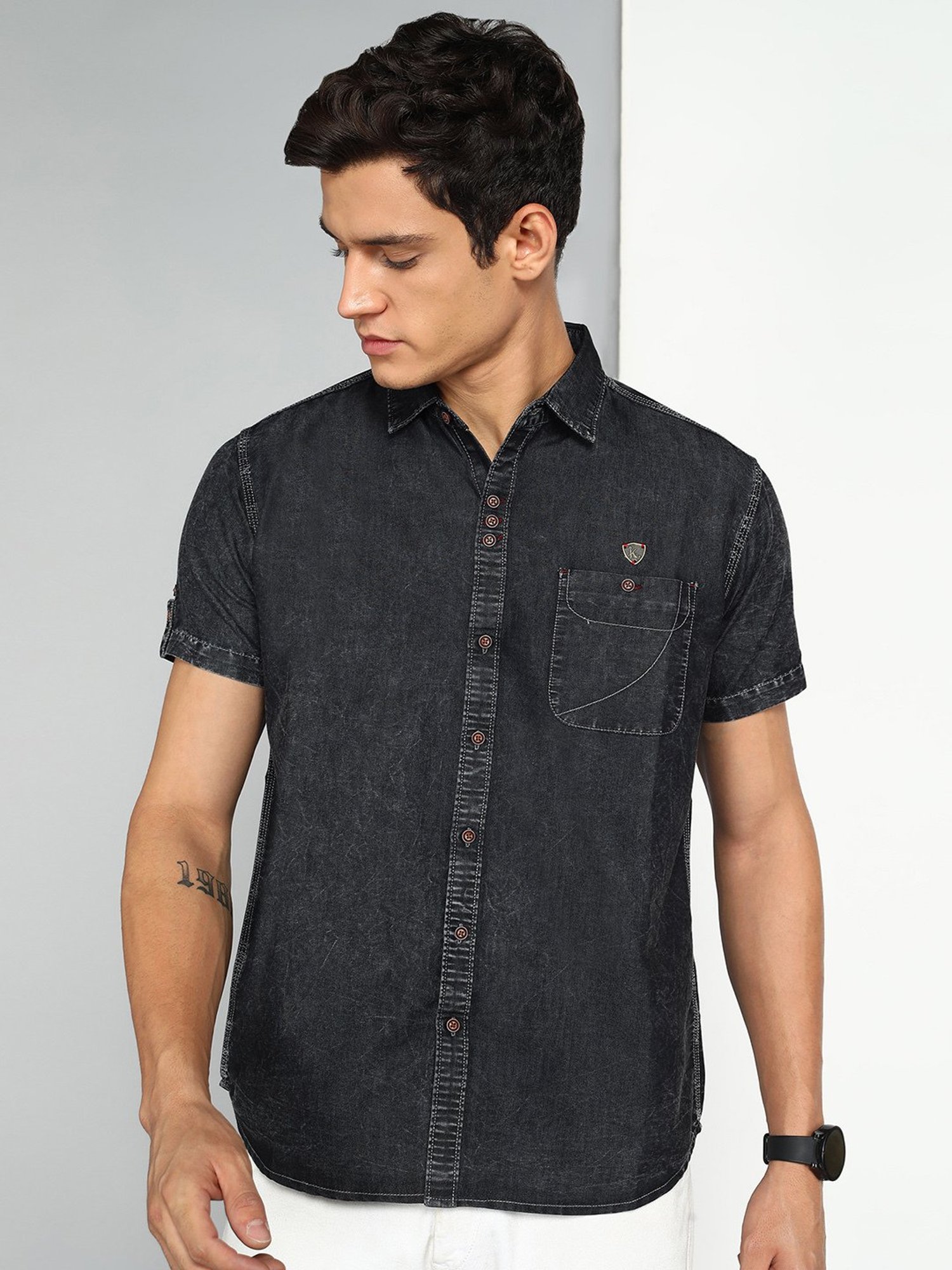 TOPMAN Denim Shirt Men's Medium Longer Length Black Button Down Short Sleeve  | eBay