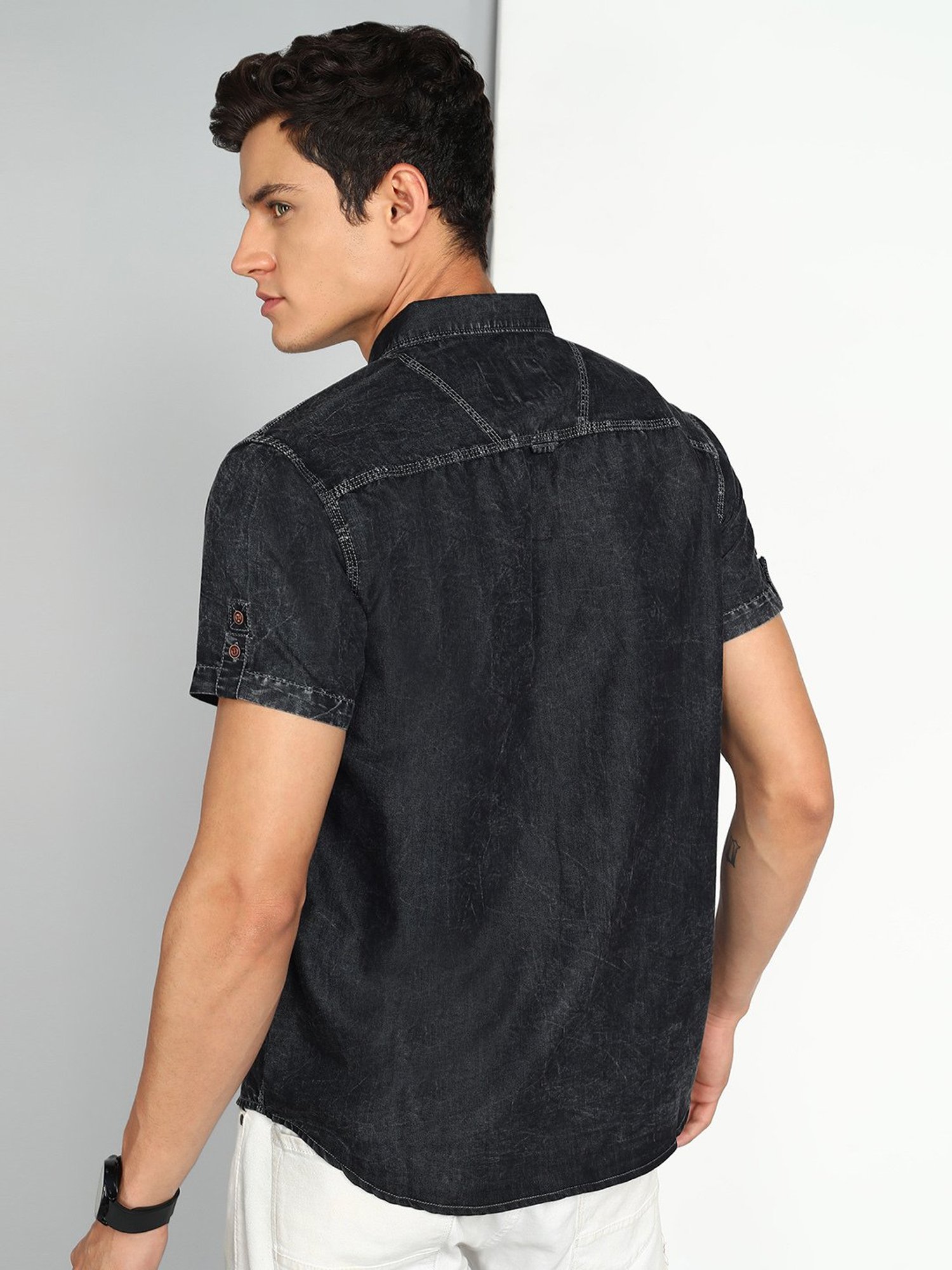 ASOS DESIGN short sleeve stretch slim denim shirt in washed black | ASOS