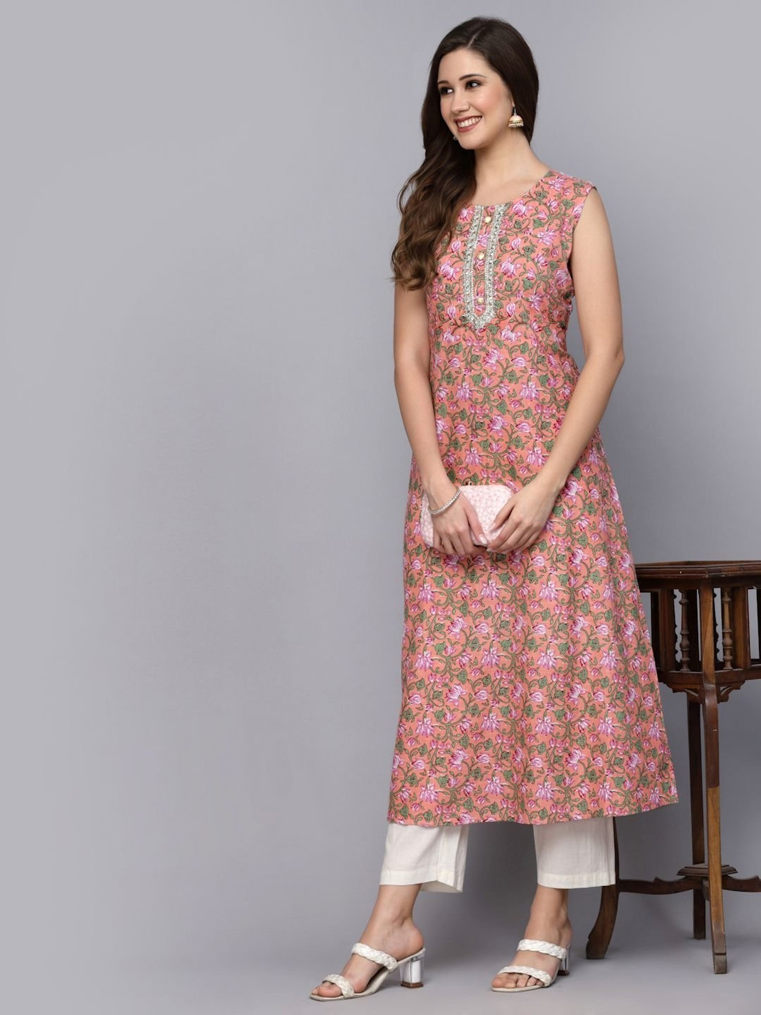 Floral Print Long Anarkalis - Peach-Coloured Printed Anarkali Kurta – Lady  India