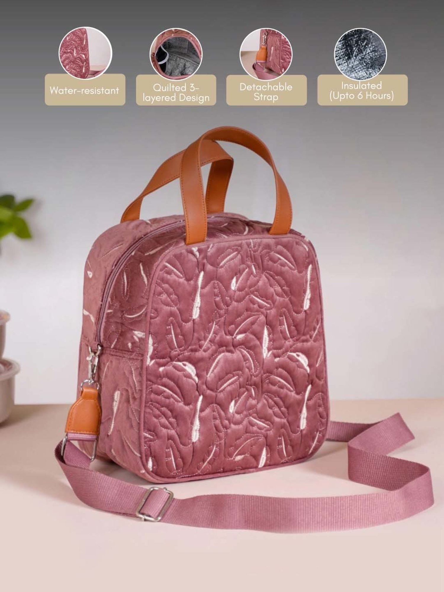 Nestasia Grey & Pink Solid Luxe Velvet Lunch Bag
