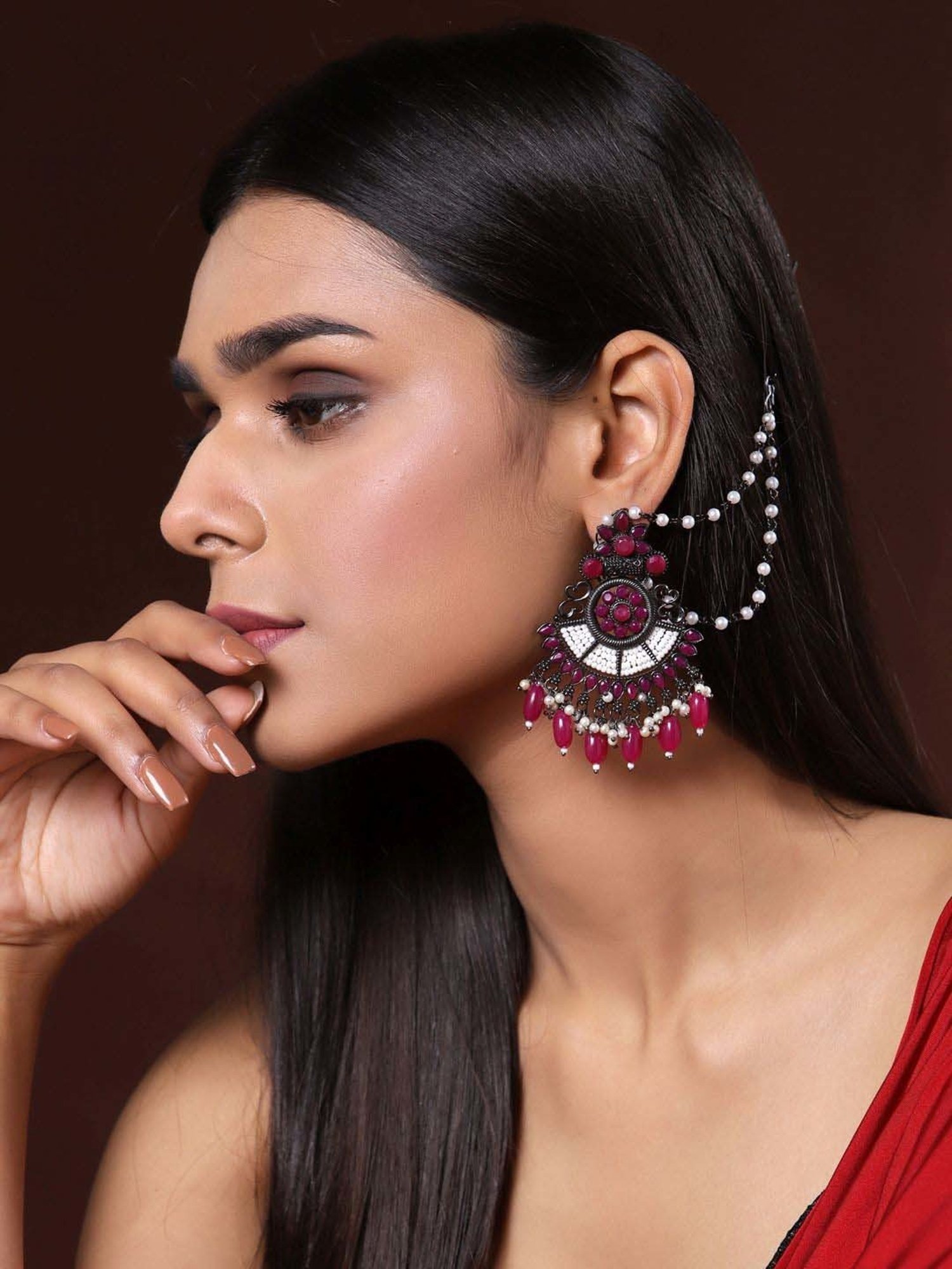 Buy Indian Petals Rhinestones on Net Stylish Fancy Fashion Dangler Earrings  for Girls Women Artificial Fashion Dangler Earrings Red Rectangle   Lowest price in India GlowRoad