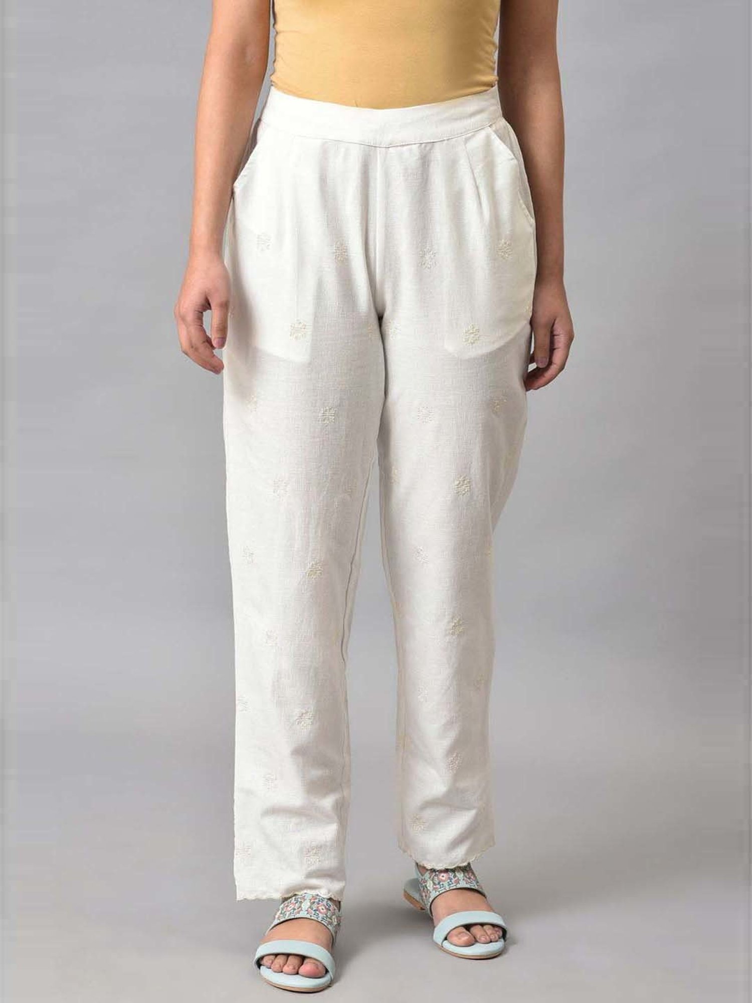 Buy Off White Embroidered Pants Online - W for Woman