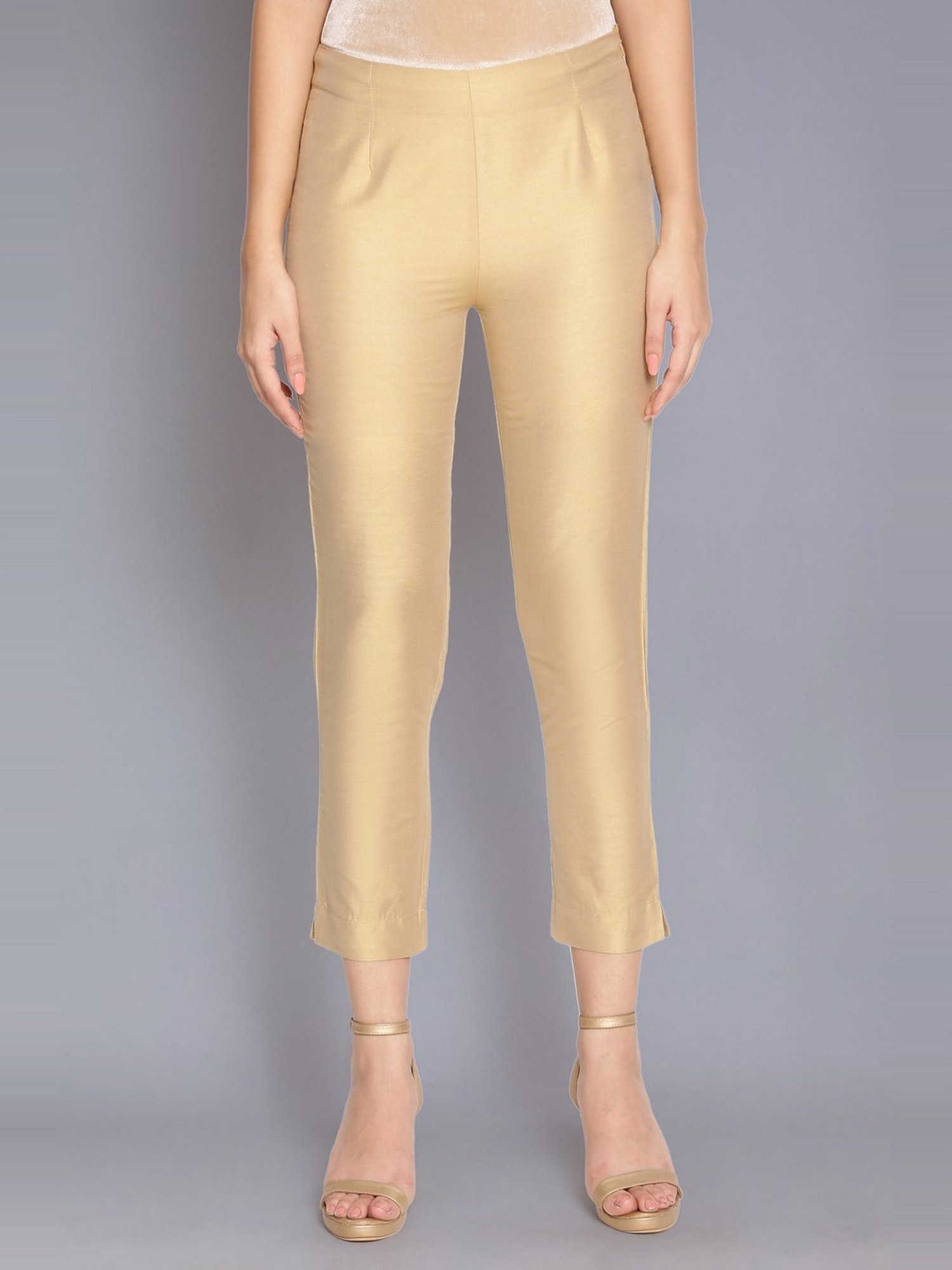Women Solid Golden Yellow Mid Rise Cotton Pants