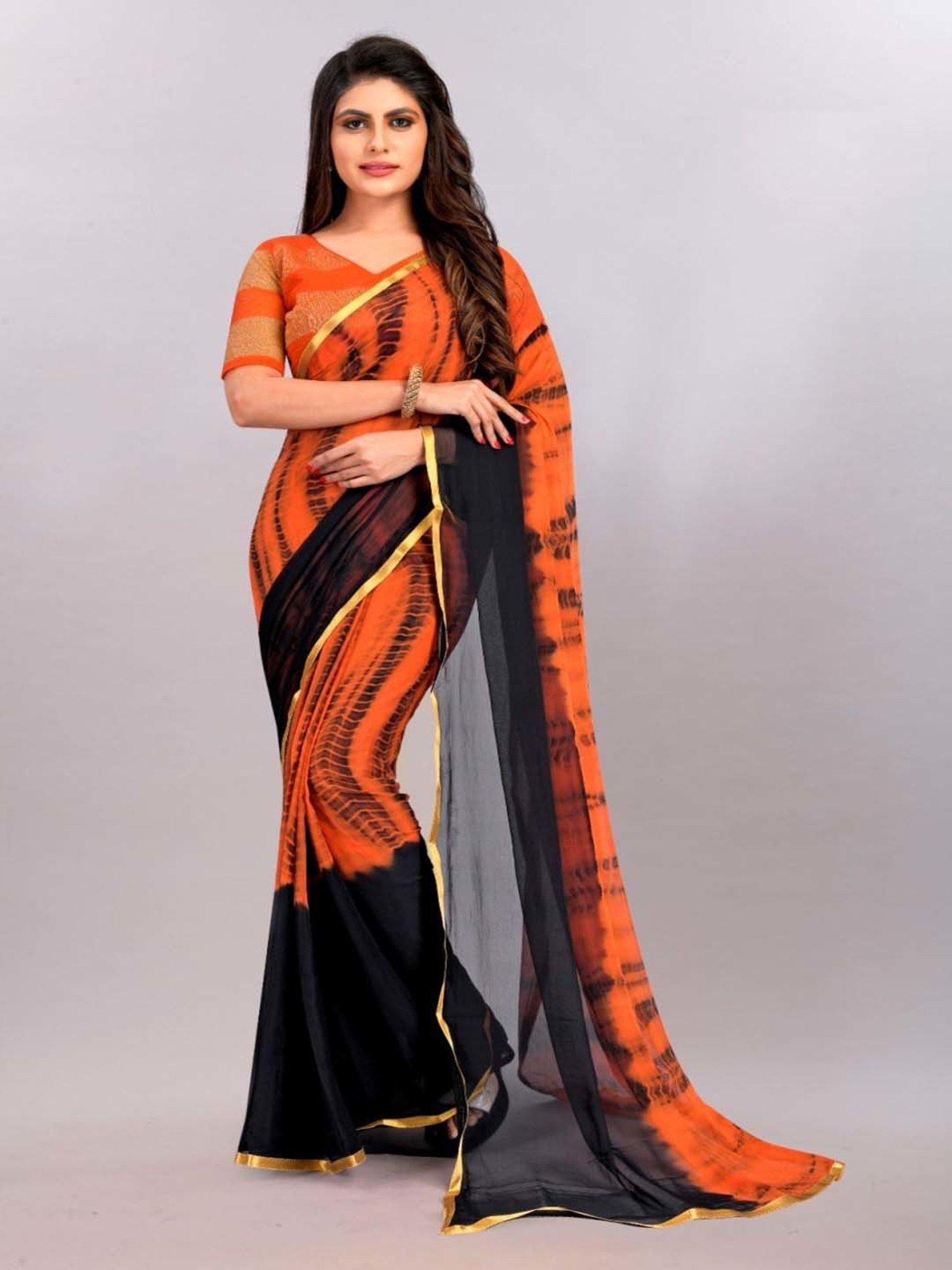 Orange and Multi Colored Crepe Silk Georgette Saree - PSAEI3232...