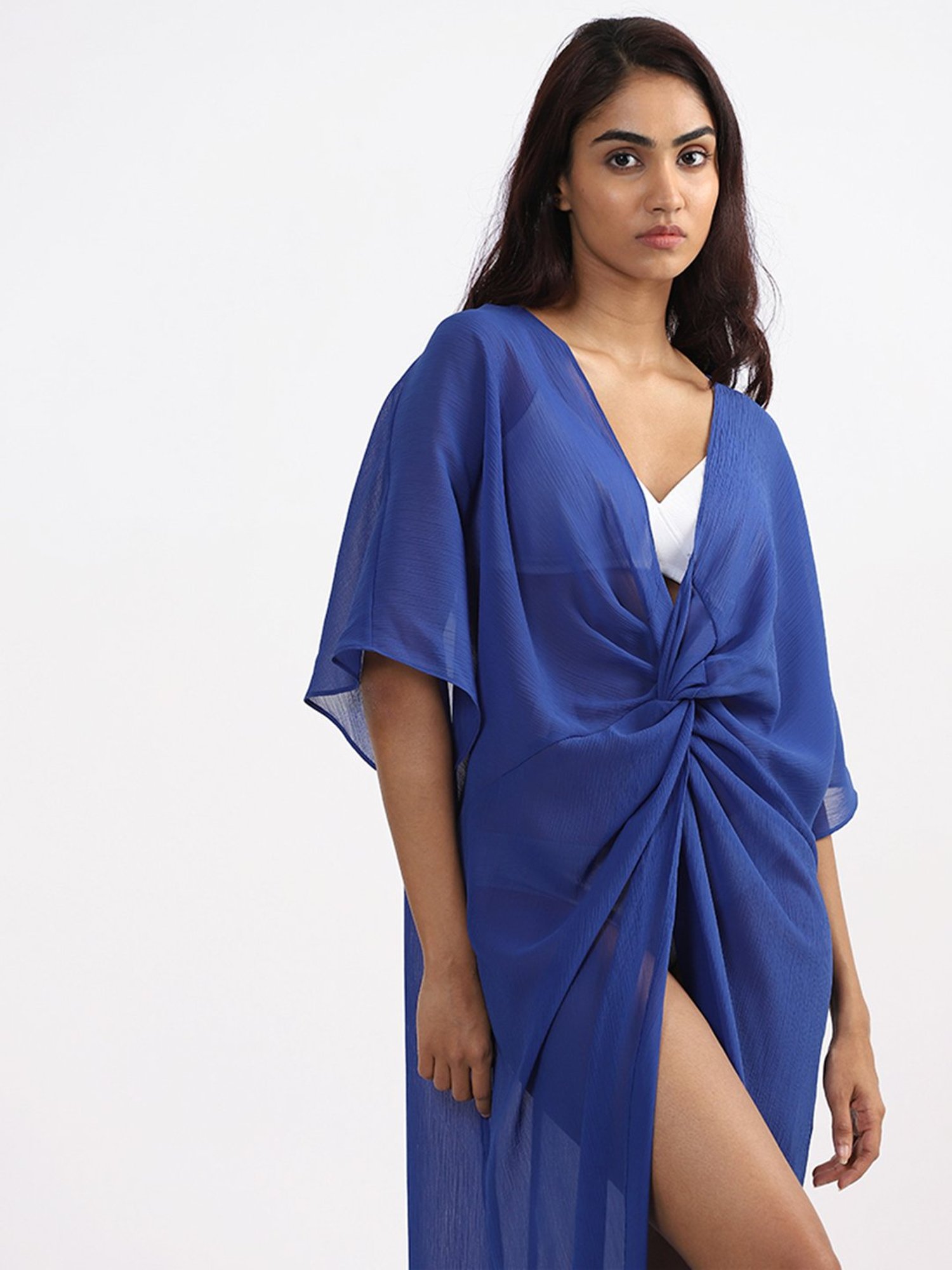 Buy Wunderlove by Westside Plain Blue Knotted Wear Cover Up Dress