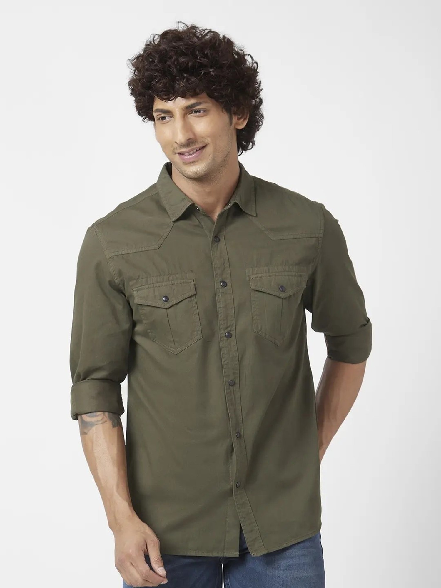 Dark Green Double Pocket denim shirt for mens – Albatross Clothing