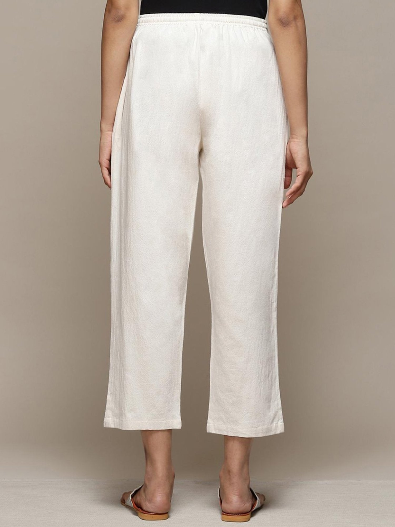 Buy Biba Off White Cotton Embroidered Narrow Pant online