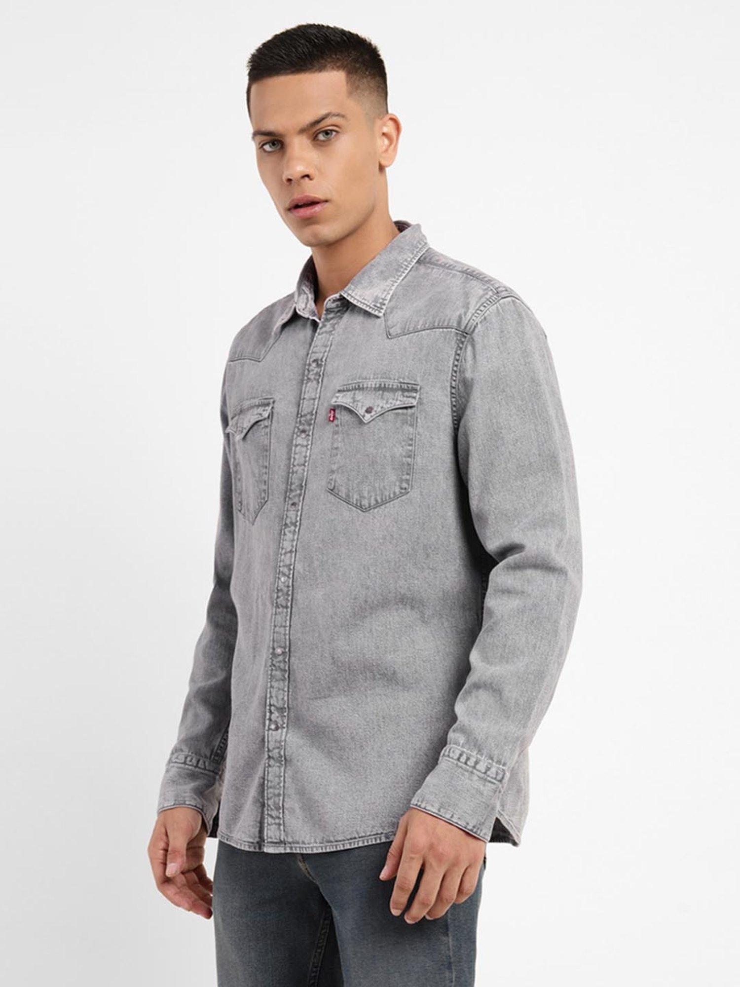 Levi s Grey Cotton Slim Fit Denim Shirt
