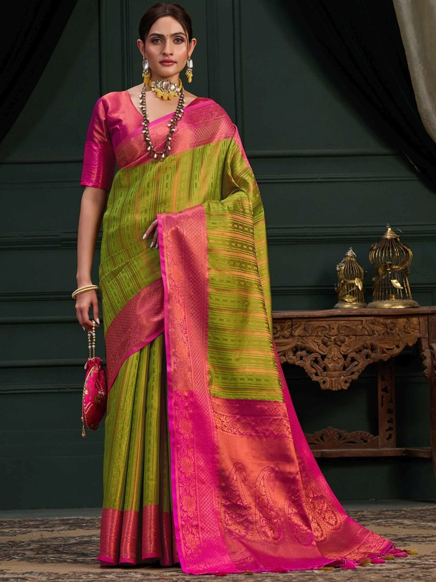 Brown Saree With Green Blouse | 3d-mon.com