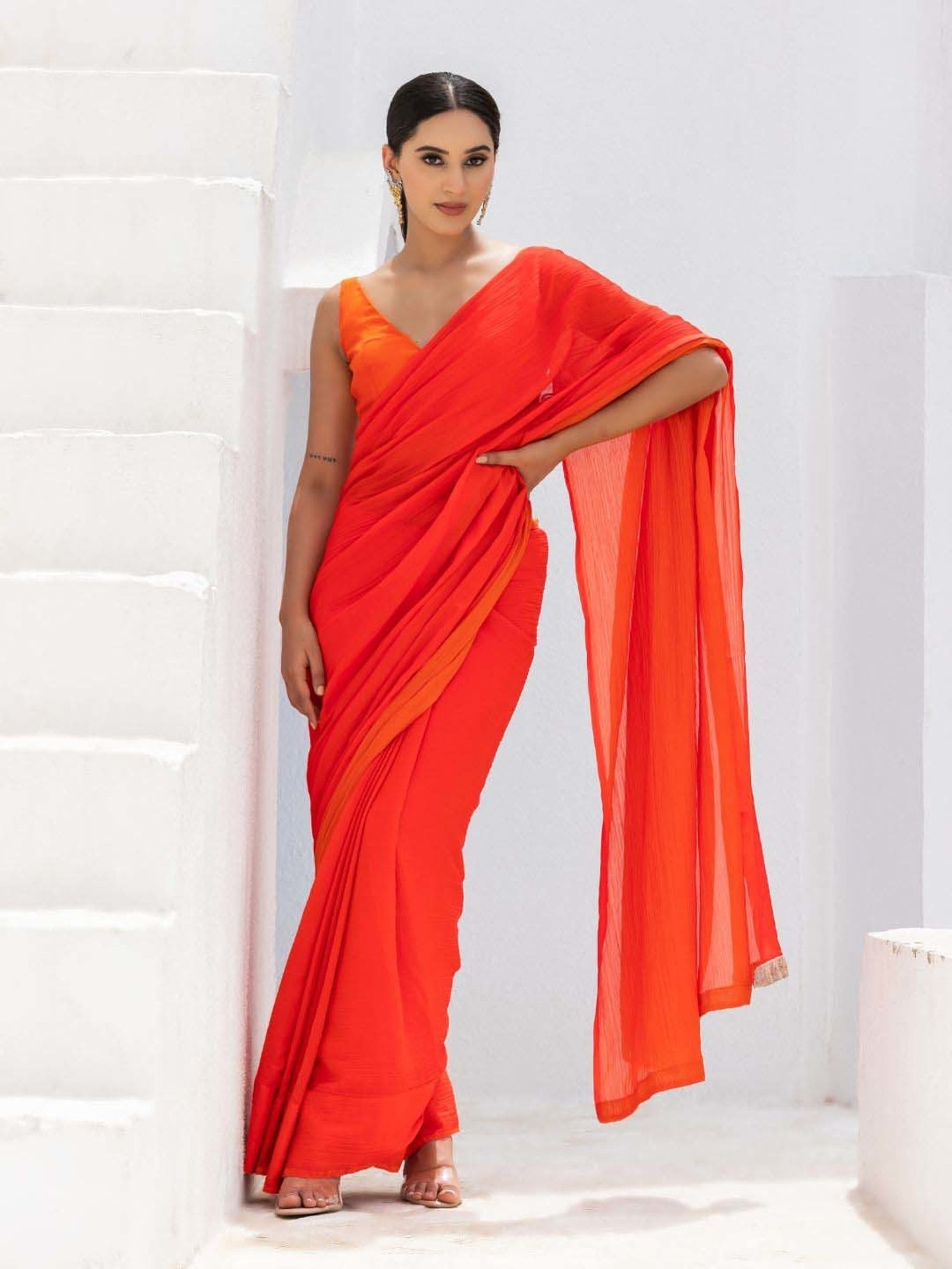 Vipul Shanaya Vp-49905 Orange Chiffon Saree – Sanskar Sarees