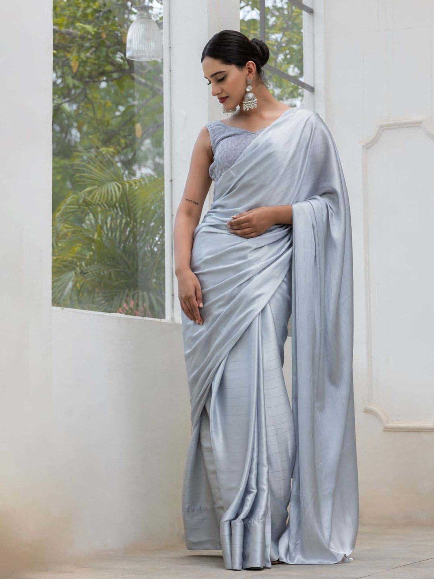 Buy Light Grey Swarovski Semi Crepe Designer Saree - Koskii