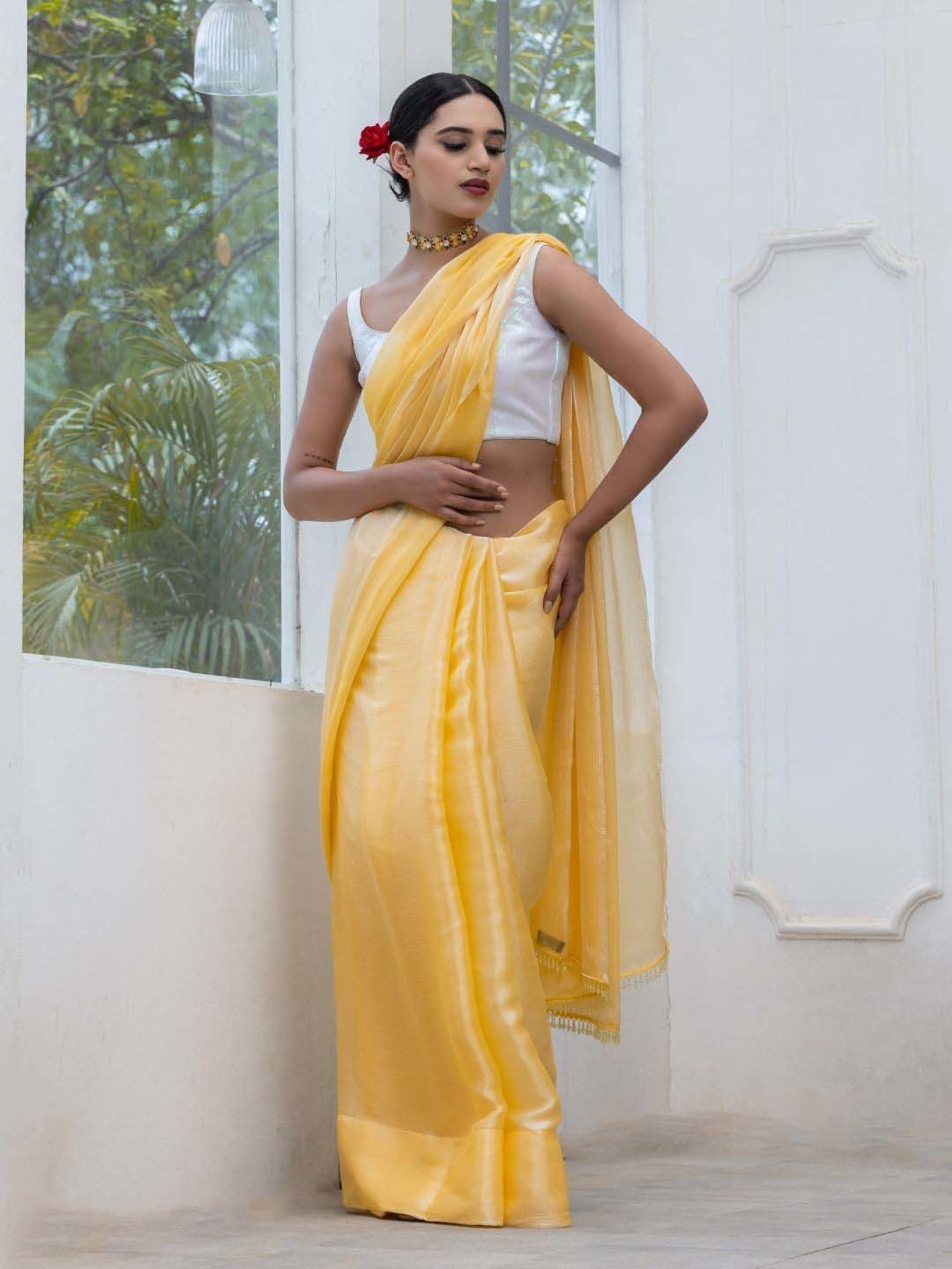 Pure Linen Hand Dyed Yellow Saree with Contrast Blouse-Indiehaat –  Indiehaat.com