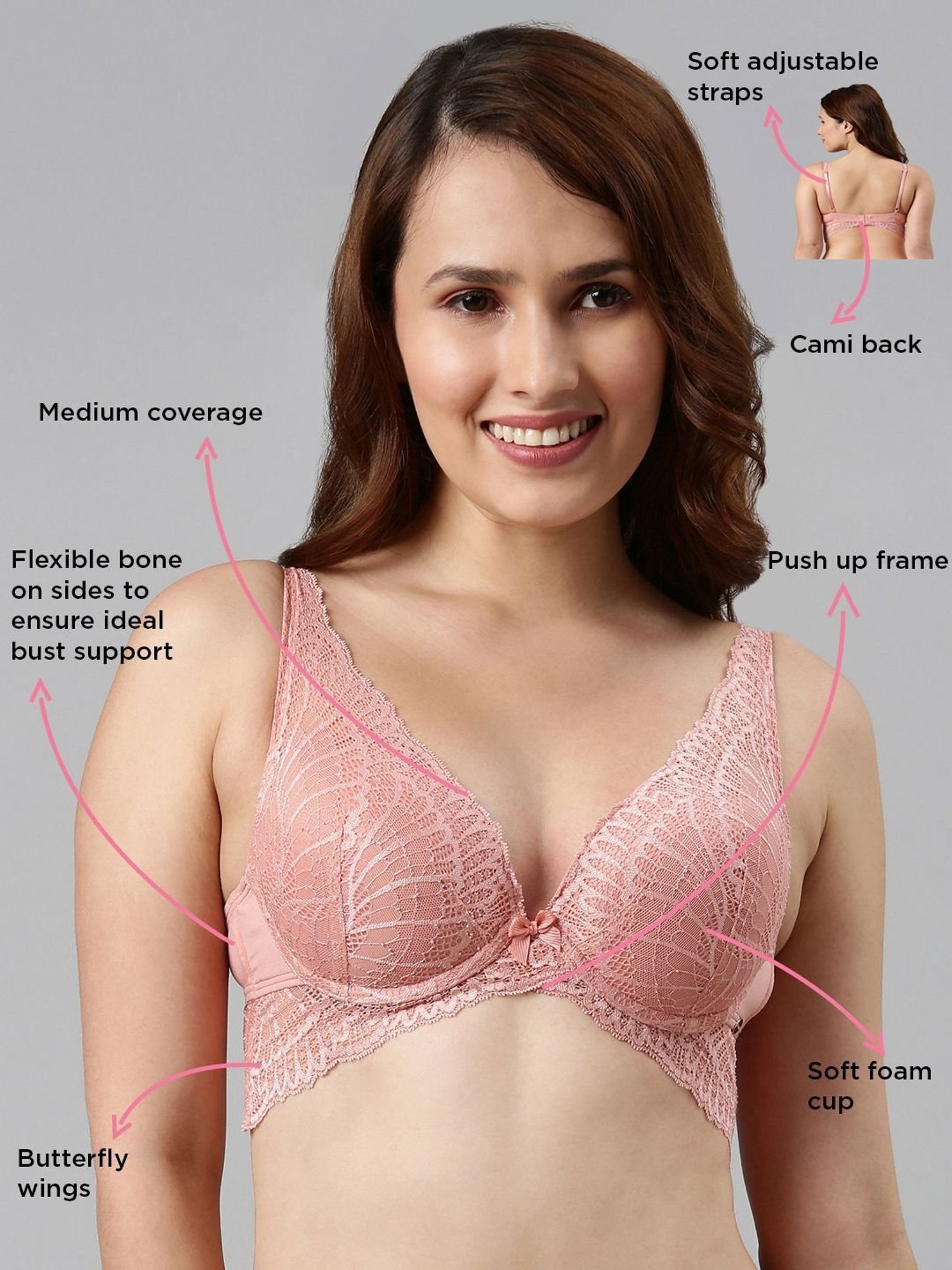 Enamor Rose Pink Lace Work Push-up Bra