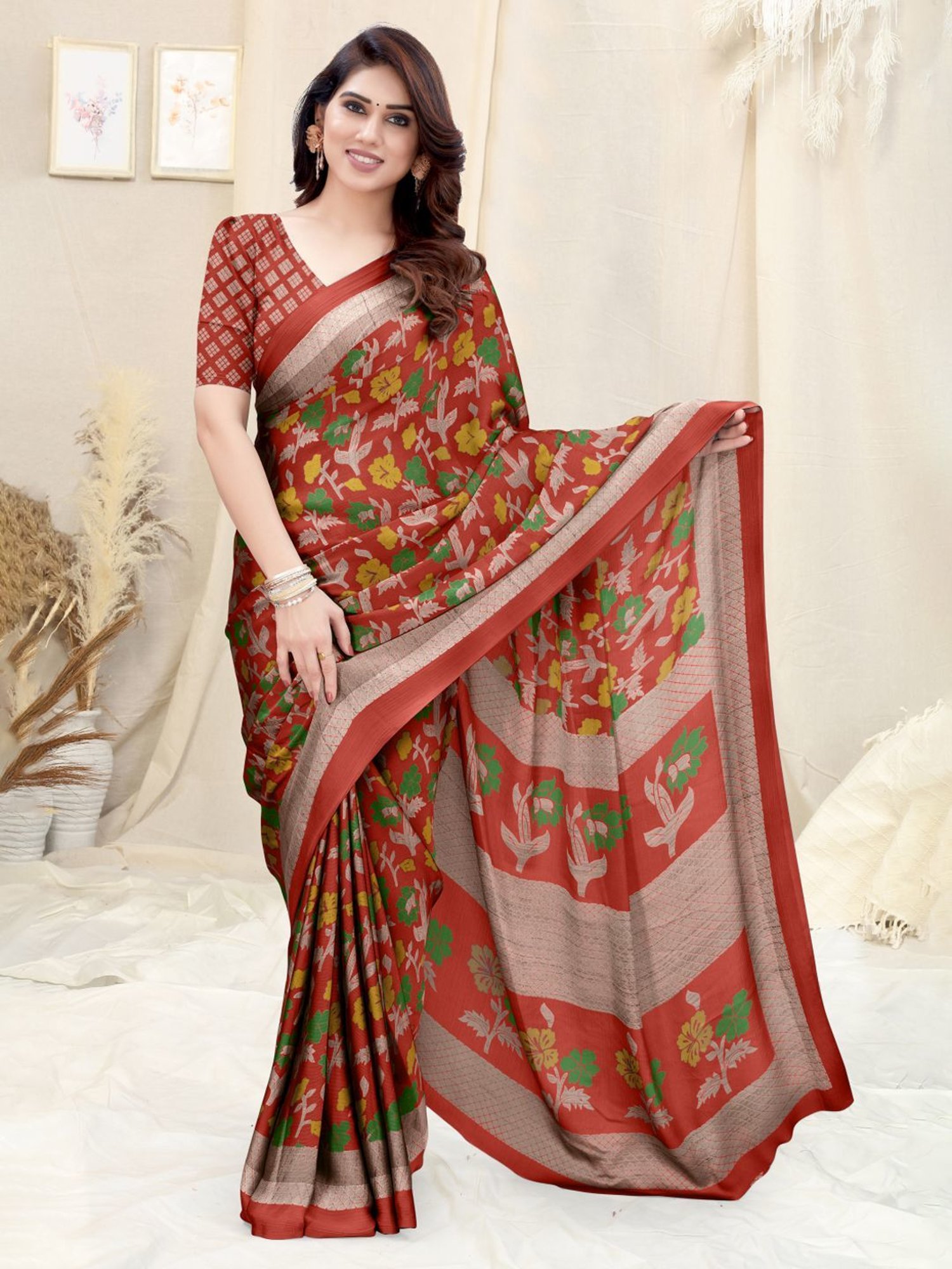 Buy Anouk Grey & Red Floral Printed Art Silk Saree Online at Best Price |  Distacart