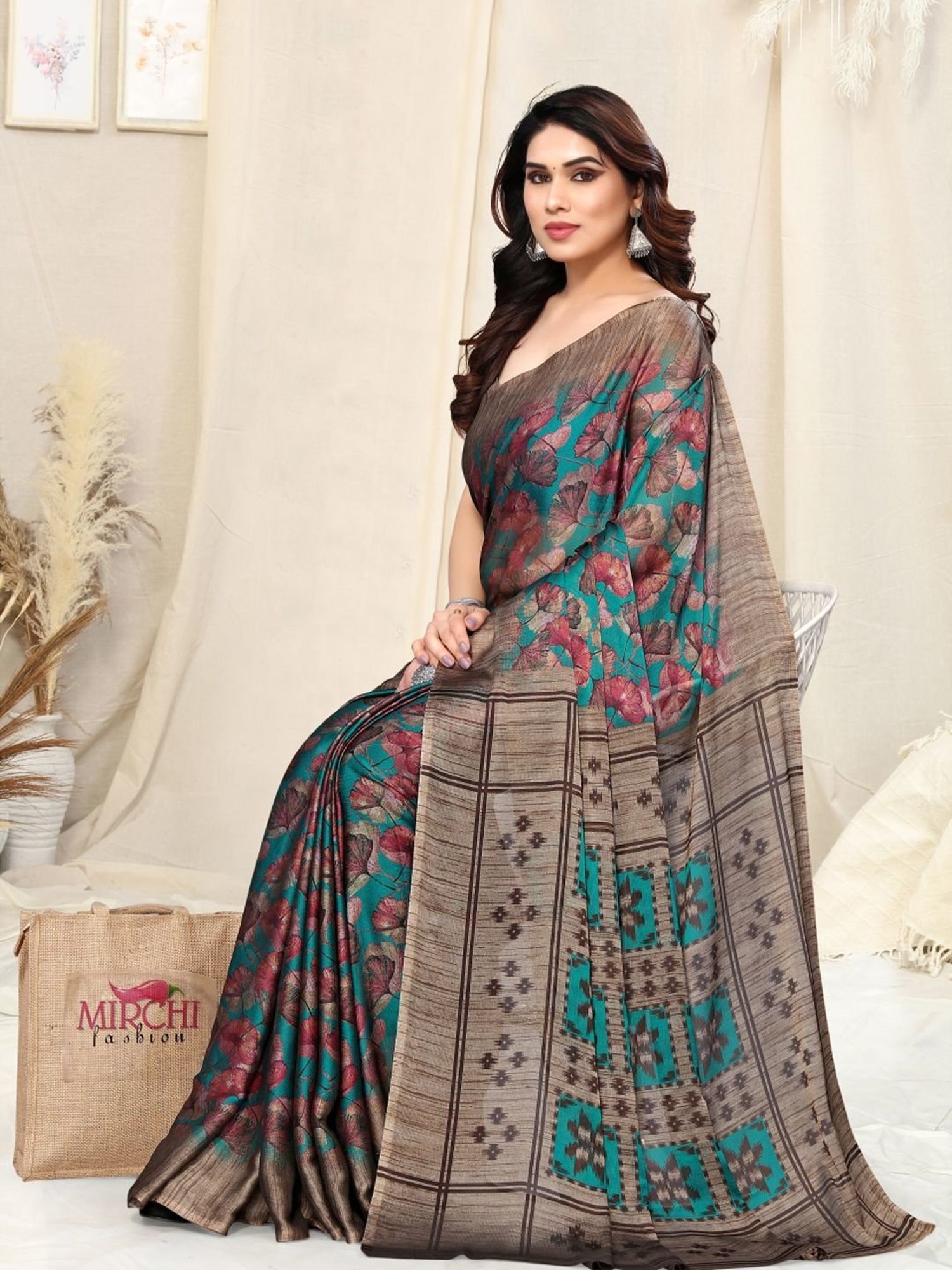 Coffee And Blue Printed Mirchi Fashion Coffee N Blue Faux Georgette Party  Wear Saree at Rs 595 in Surat