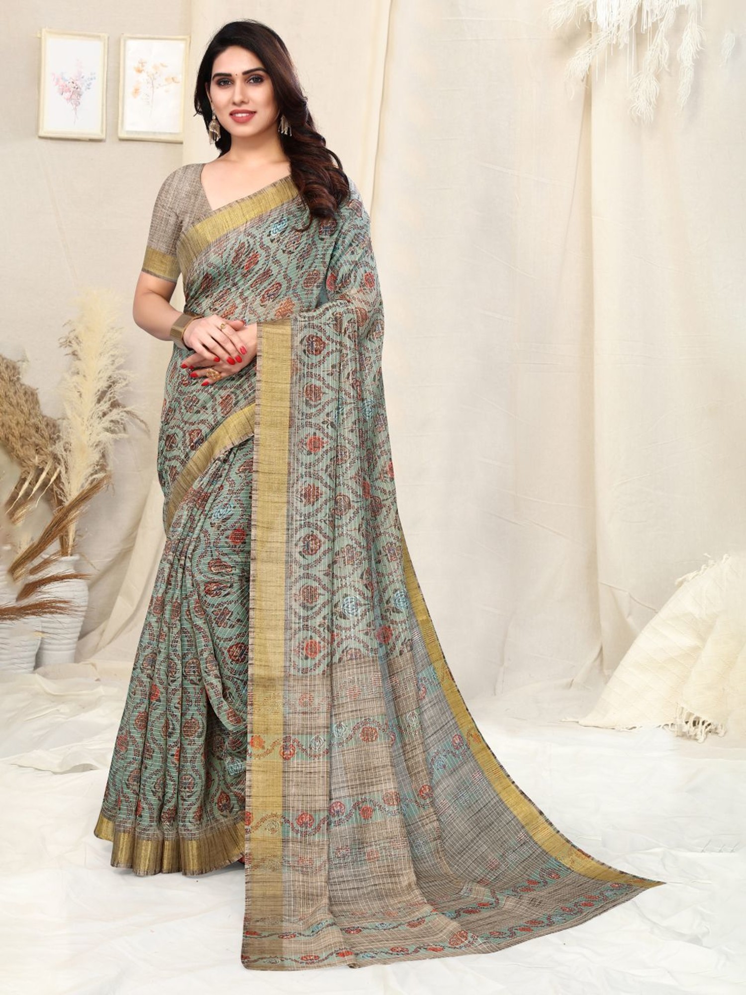 Teal Blue Printed Poly Cotton Saree With Pumpum Lace