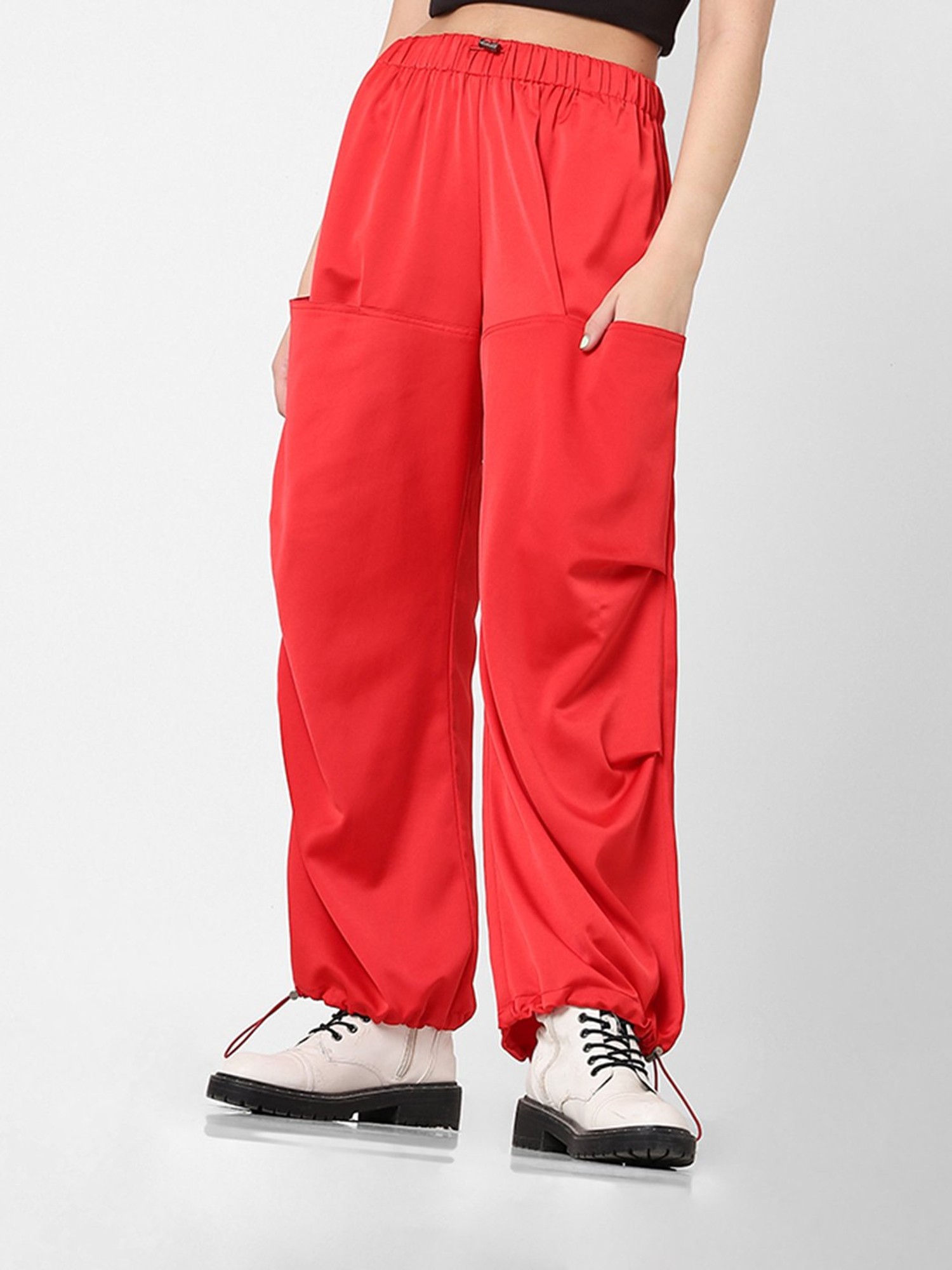 Red Pocket Detail Cargo Trousers  Trousers  PrettyLittleThing