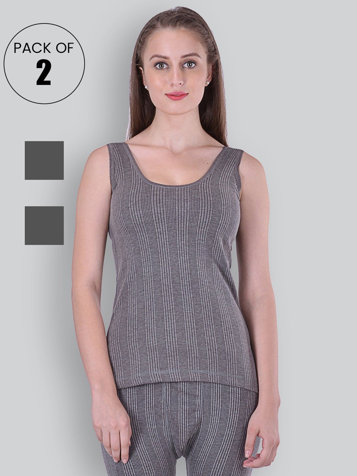 Buy LUX INFERNO Grey Striped Thermal Tank Top - Pack Of 2 for