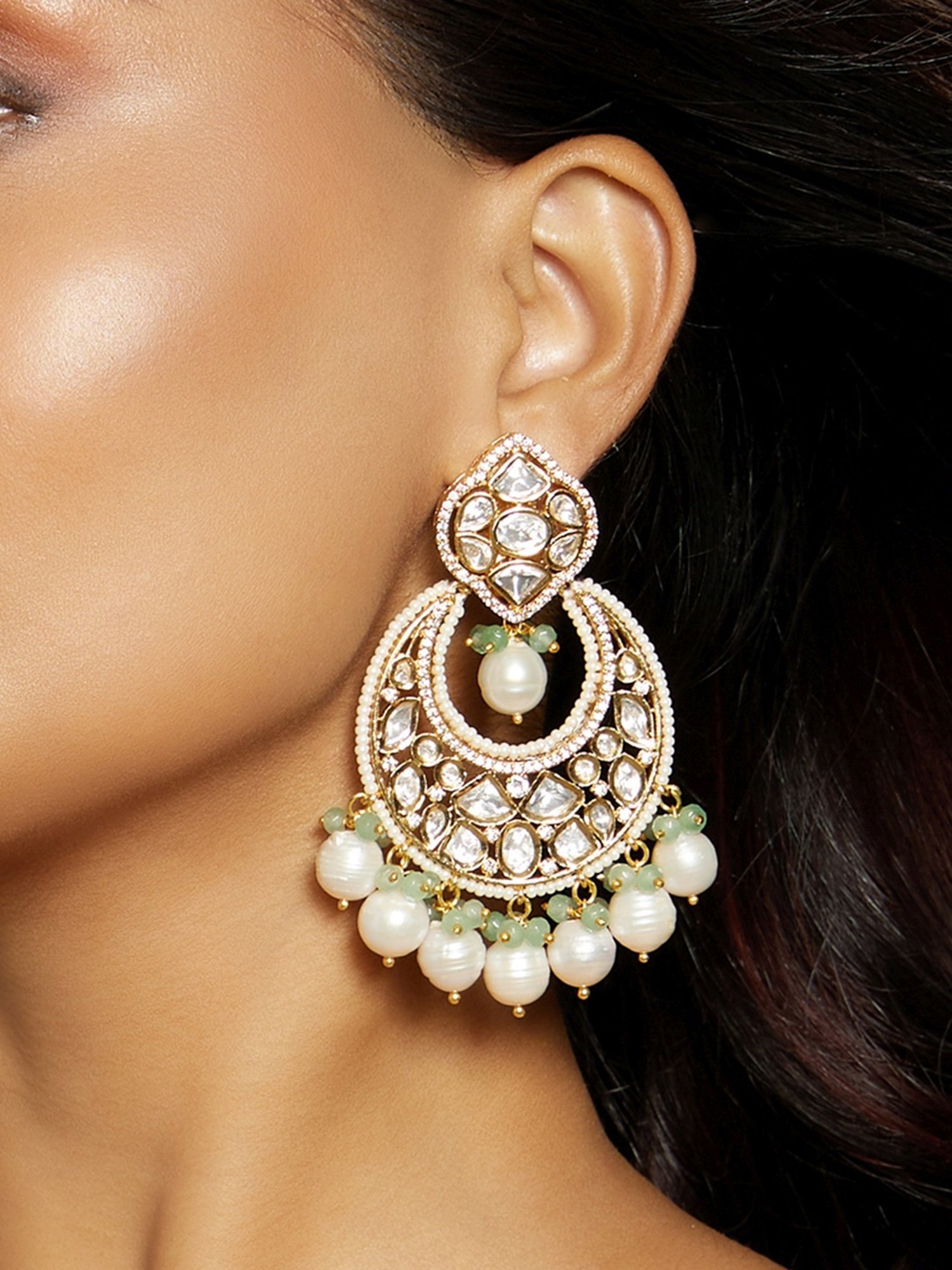 Green Gold Tone Kundan Chandbali Earrings with Citrine and Pearls