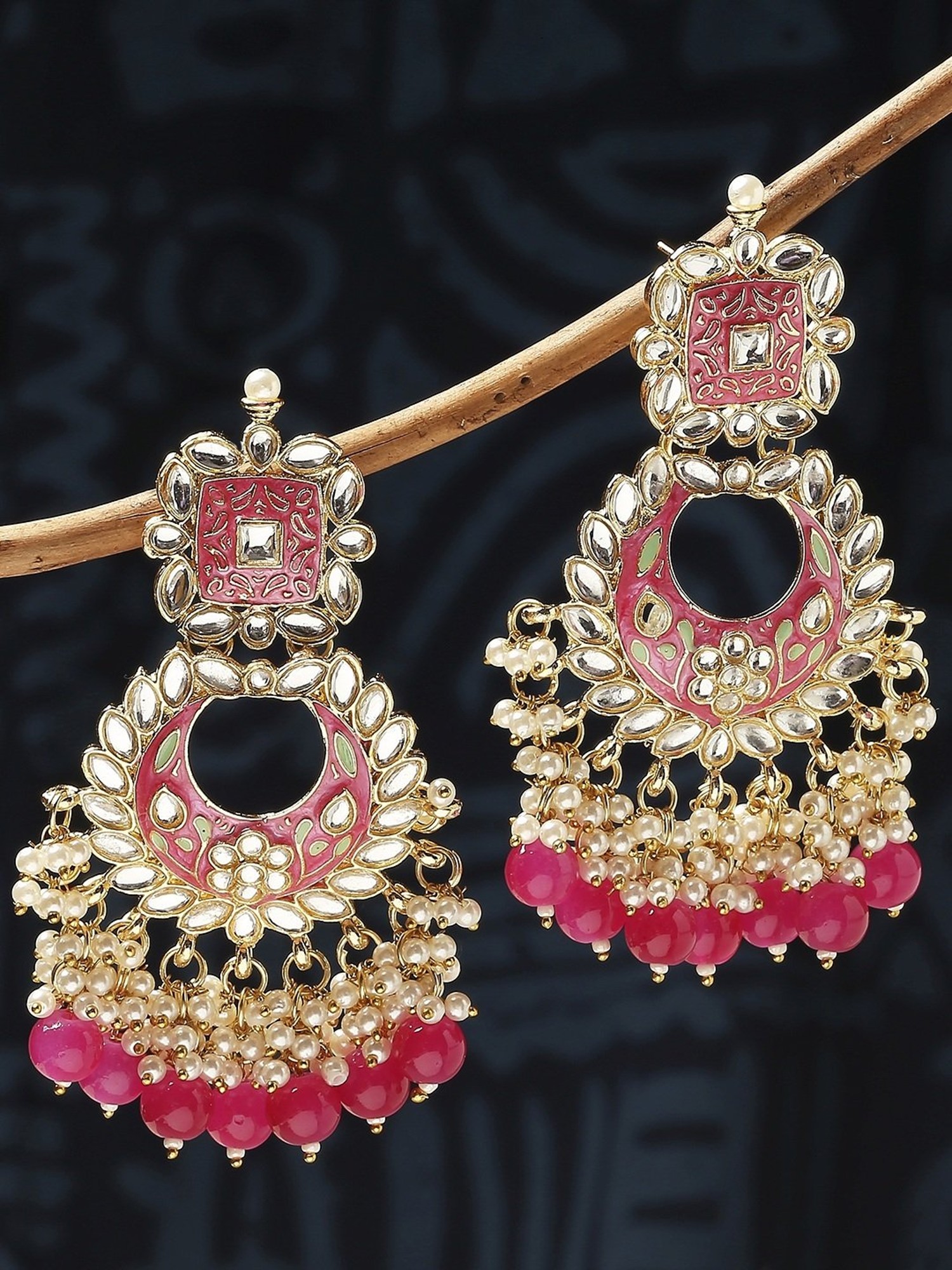 OOMPH earringsethnic  Buy OOMPH Oxidised Silver Tone Pink Opal Beads Large  Jhumka Earrings Online  Nykaa Fashion