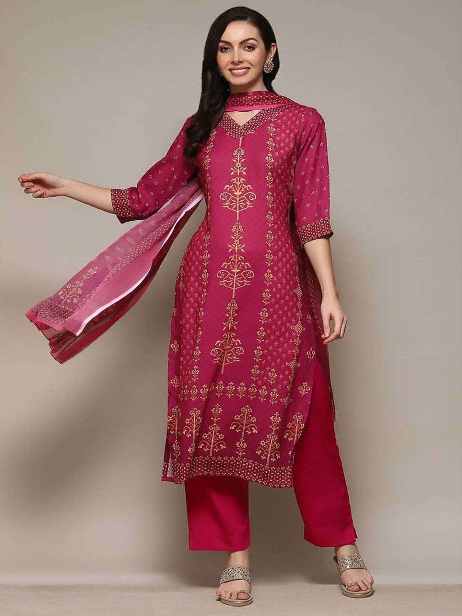 Buy Red Cotton Screen Print Unstitched Suit Set (Kurta, Bottom, Dupatta)  for N/A0.0 | Biba India