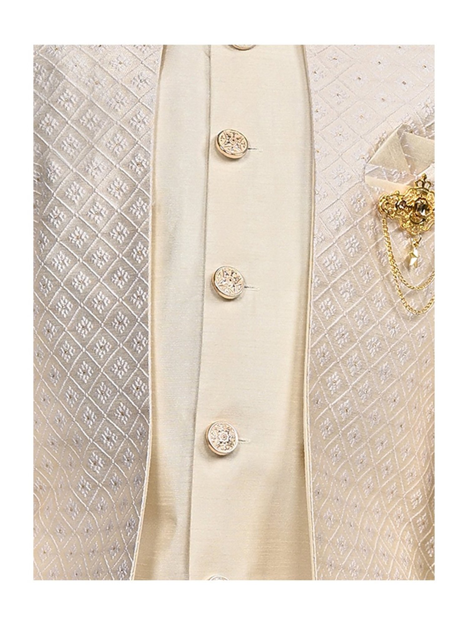 Ahhaaaa Kids Cream Embellished Full Sleeves Sherwani, Jacket & Pyjamas